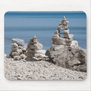 USA, Michigan. Stone Towers On The Beach Mouse Mat