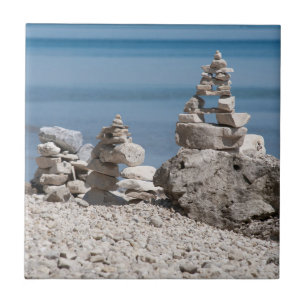 USA, Michigan. Stone Towers On The Beach Tile