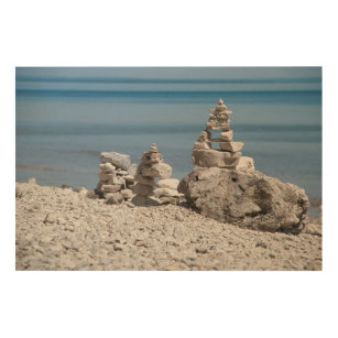 USA, Michigan. Stone Towers On The Beach Wood Wall Art