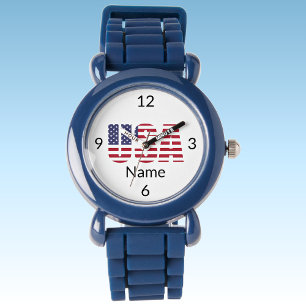 USA, Name Kids Blue Silicone Strap Plastic Watch