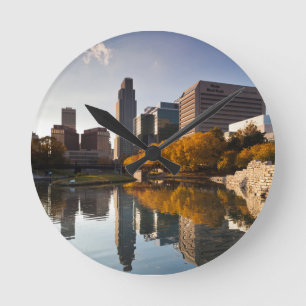 USA, Nebraska, Omaha, Gene Leahy Mall, Skyline Round Clock