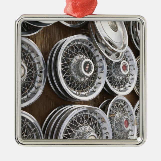 USA, New Mexico, Prewitt: Auto Hubcaps / Rt. 66 Metal Tree Decoration (Front)