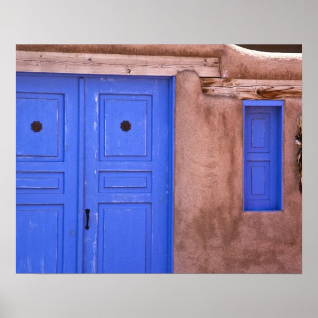 USA, New Mexico, Santa Fe. View of blue door and Poster (Front)