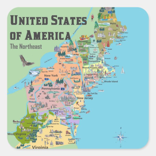 USA Northeast States Map Square Sticker (Front)