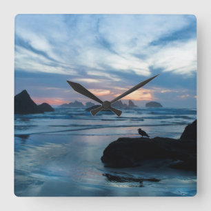 USA, Oregon, Bandon Beach. Seagull on rock Square Wall Clock