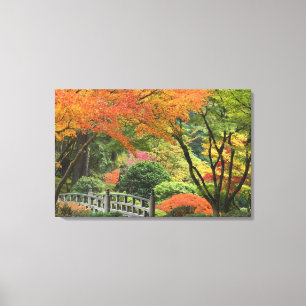 USA, Oregon, Portland. Wooden bridge and maple Canvas Print