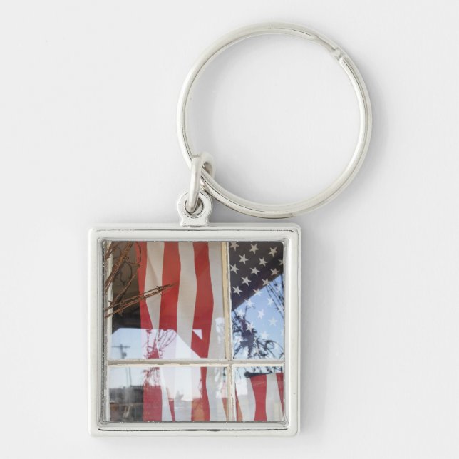 USA, Oregon, Shaniko. Flag in window next to Key Ring (Front)