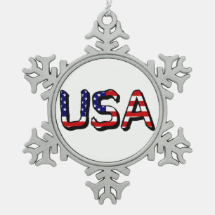 USA overlaid on US Flag orncn Snowflake Pewter Christmas Ornament