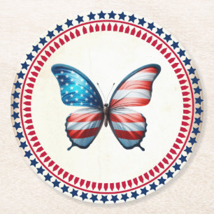 USA/patriotic 4th of July butterfly Round Paper Coaster