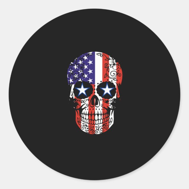USA Patriotic American Flag Sugar Skull Classic Round Sticker (Front)
