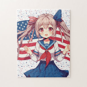 USA patriotic anime girl Jigsaw Puzzle