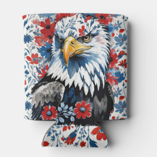 USA Patriotic Bald Eagle Floral Can Cooler
