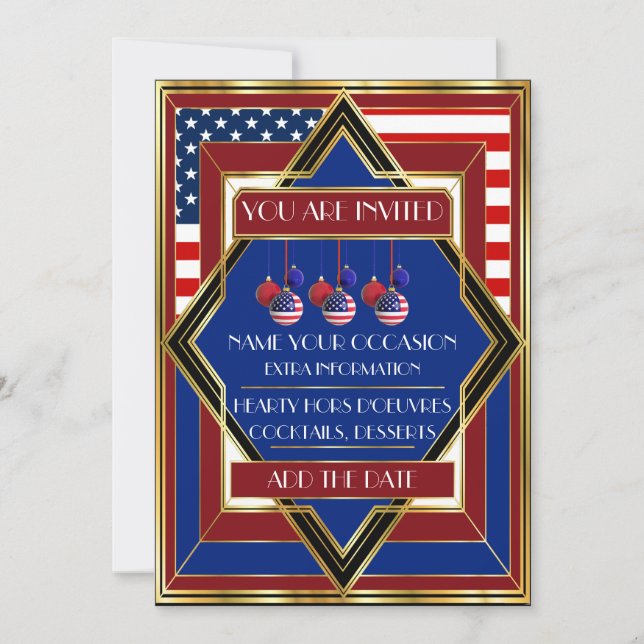 USA Patriotic Deco Christmas Invitation (Front)
