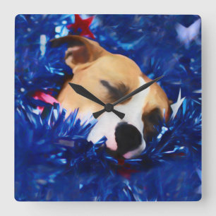 USA Patriotic Dog American Pit Bull Terrier Square Wall Clock