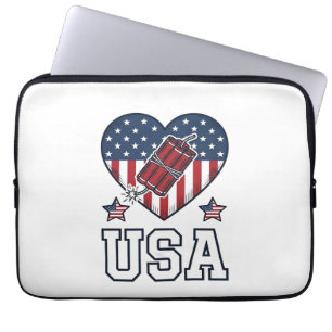 USA Patriotic Firecracker Heart Vintage Vector Shi Laptop Sleeve