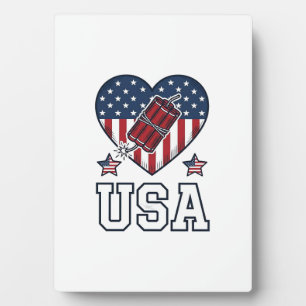 USA Patriotic Firecracker Heart Vintage Vector Shi Plaque