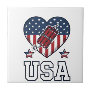 USA Patriotic Firecracker Heart Vintage Vector Shi Tile