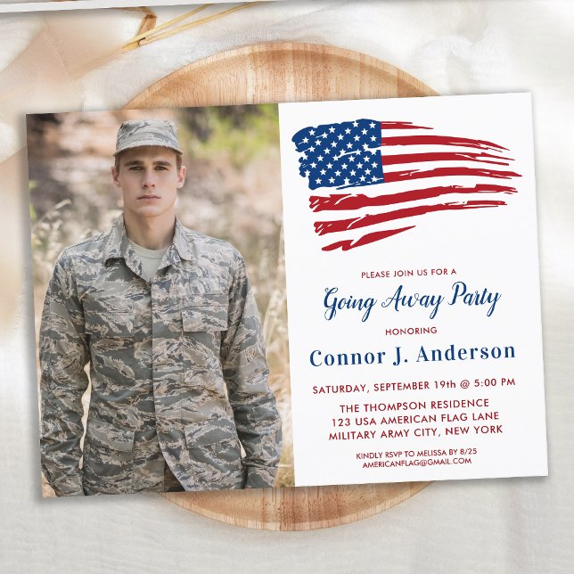USA Patriotic Flag Photo Military Going Away Party Invitation Postcard (Creator Uploaded)