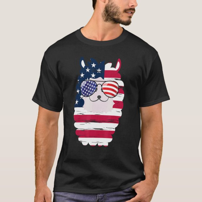 USA Patriotic Llama US Flag Glasses   July 4th Alp T-Shirt (Front)