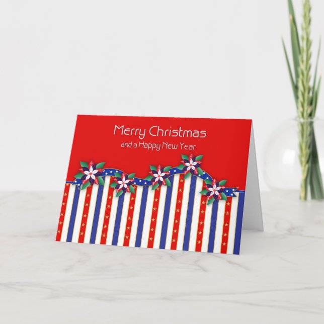 USA Patriotic Military Christmas Poinsettias Card (Front)