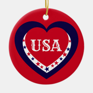 USA Patriotic Red White Blue Heart Christmas Ceramic Tree Decoration