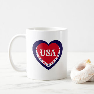 USA Patriotic Red White Blue Heart Festive July 4 Coffee Mug