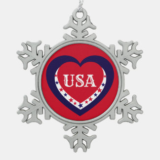 USA Patriotic Red White Blue Heart Festive Snowflake Pewter Christmas Ornament