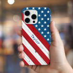 USA Patriotic Rustic Stars Stripes American Flag iPhone 16 Pro Max Case<br><div class="desc">Show some stars and stripes pride in your country whenever you use this cell phone case. Your custom name overlays rustic, vintage, bold, graphic, diagonal red and white stripes and white stars on blue, American flag country wood panelled background. Personalise with your name. Makes a great, patriotic gift! Just type...</div>