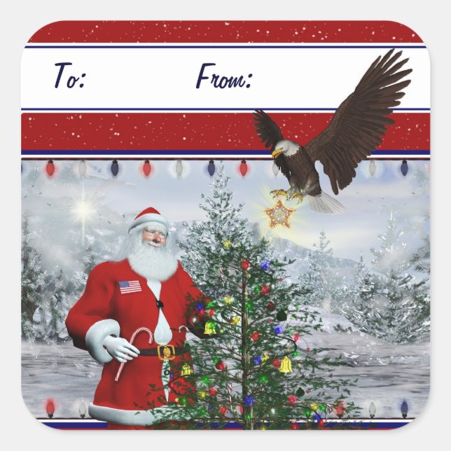 USA Patriotic Santa Christmas Gift Tag Stickers (Front)