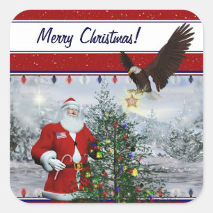 USA Patriotic Santa Merry Christmas Gift Stickers