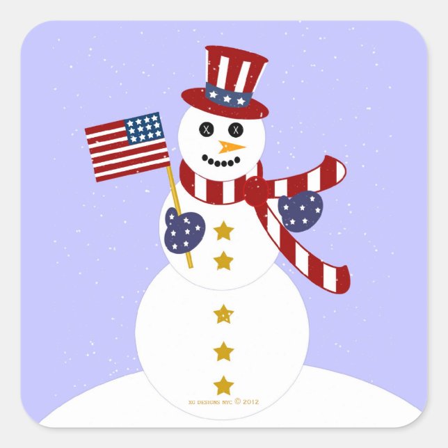 USA Patriotic Snowman with Flag Square Stickers (Front)