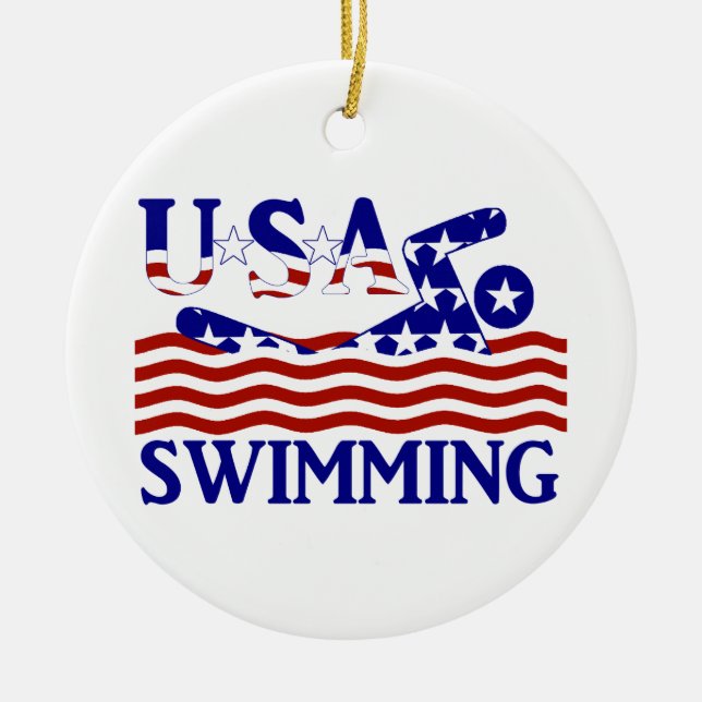 USA Patriotic Swimming Sports Ceramic Tree Decoration (Front)