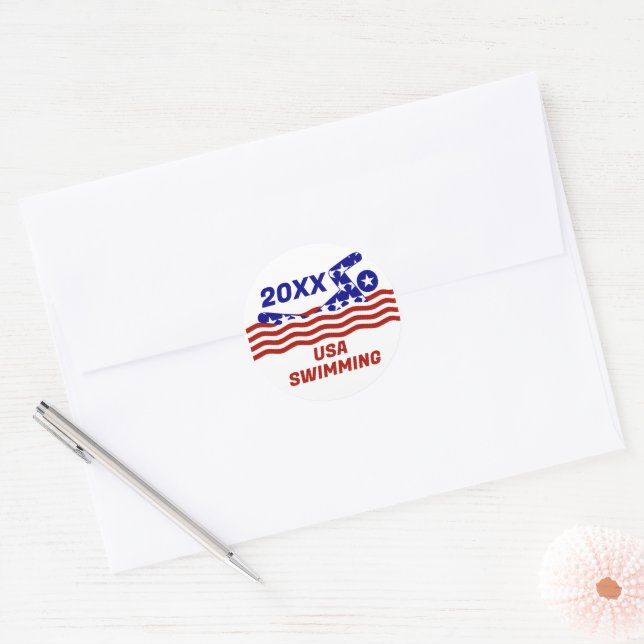 USA Patriotic Swimming Sports Classic Round Sticker (Envelope)