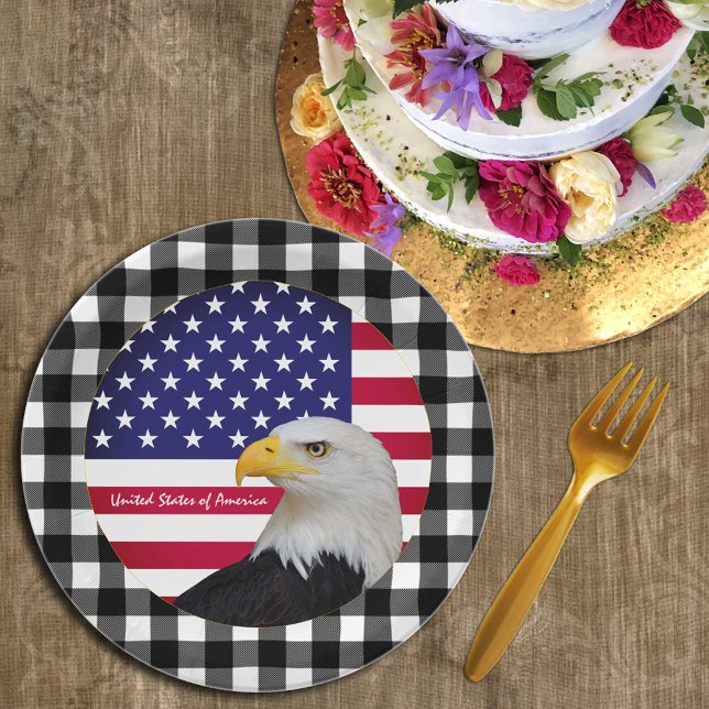 USA Plate, Eagle, buffalo plaid & American Flag Paper Plate (Creator Uploaded)