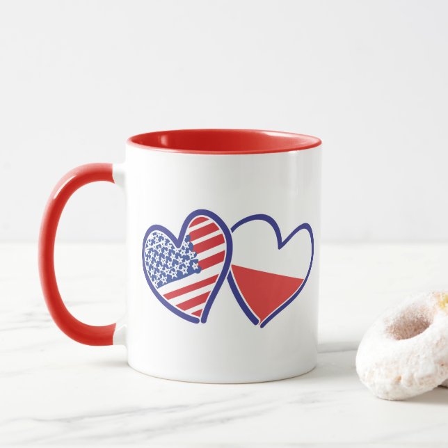 USA-POLISH-FLAG-HEARTS MUG (With Donut)