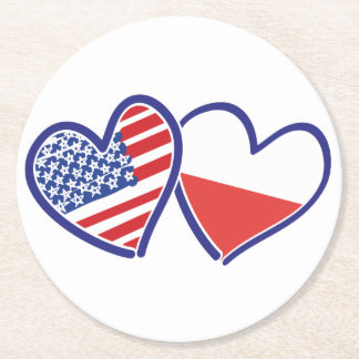 USA-POLISH-FLAG-HEARTS ROUND PAPER COASTER