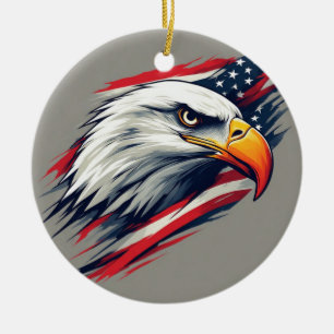 USA Pride Gift – Bald Eagle with American Flag Ceramic Tree Decoration