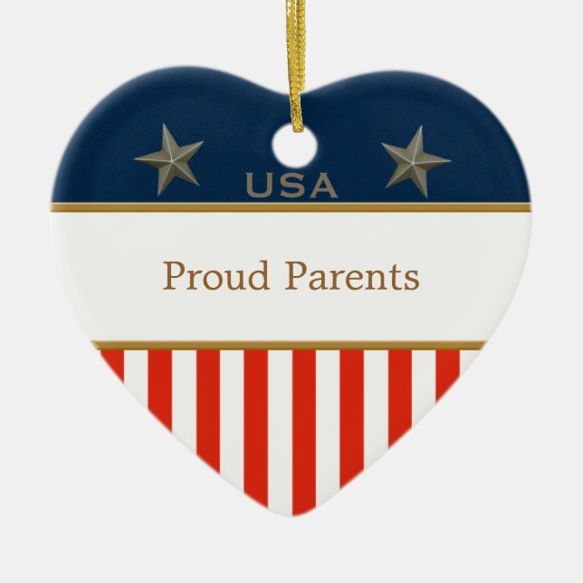 USA Proud Parents Patriotic Heart Frame Ceramic Tree Decoration (Front)