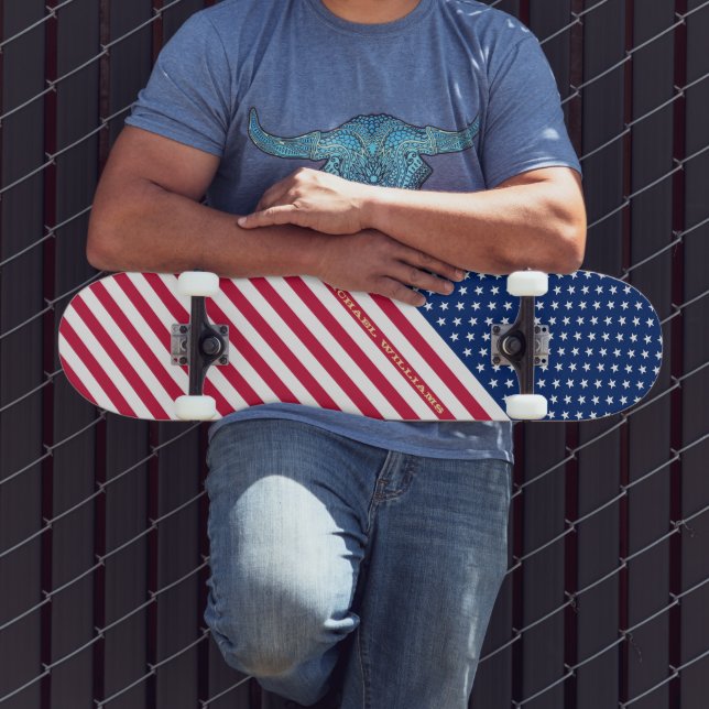 USA Red Blue White Stars Stripes Flag Monogrammed Skateboard (Outdoor 3)