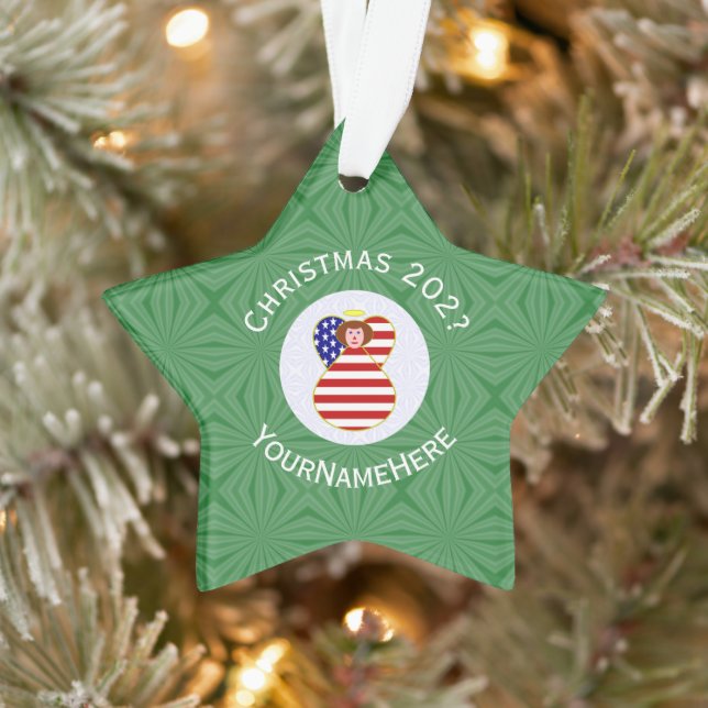 USA Red Hair Angel Christmas Flag Personalised  Ornament (Tree)