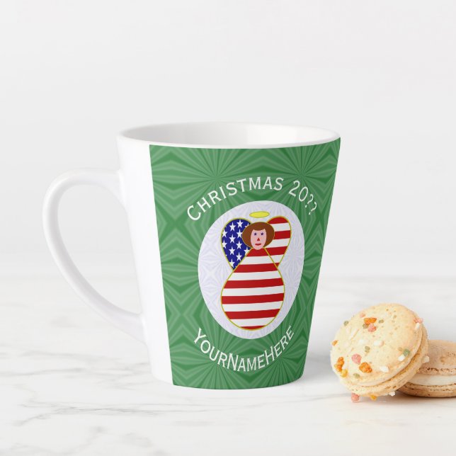USA Red Haired Angel Christmas Flag Personalised  Latte Mug (In Situ)