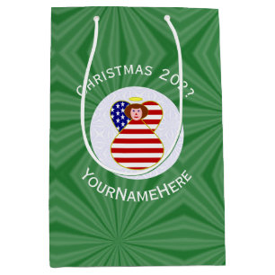 USA Red Haired Angel Christmas Flag Personalised  Medium Gift Bag
