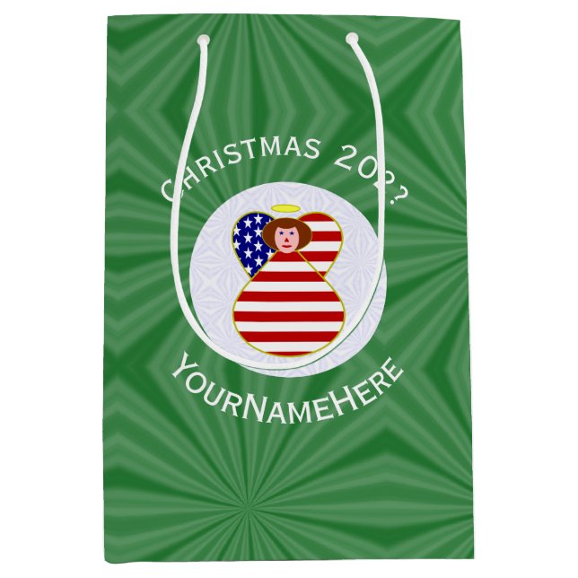 USA Red Haired Angel Christmas Flag Personalised  Medium Gift Bag (Front)