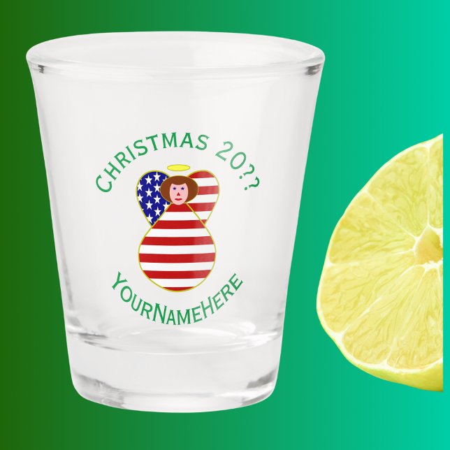 USA Red Haired Angel Christmas Flag Personalised Shot Glass (Christmas shot glass has red haired angel wearing USA Flag. Green text for name, holiday, and year.)