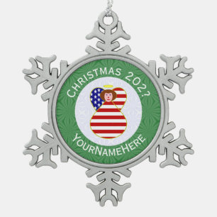 USA Red Haired Angel Christmas Flag Personalised Snowflake Pewter Christmas Ornament