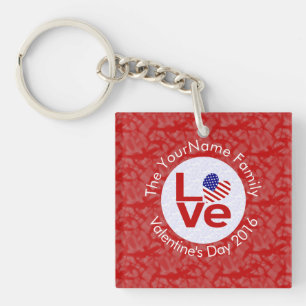 USA Red LOVE Heart Flag Personalised Text  Key Ring