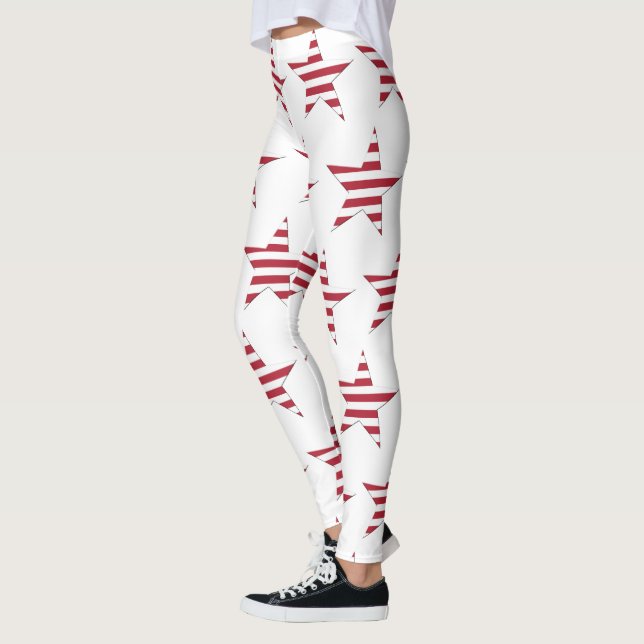 USA Red Striped Stars Pattern Patriotic Leggings (Left)