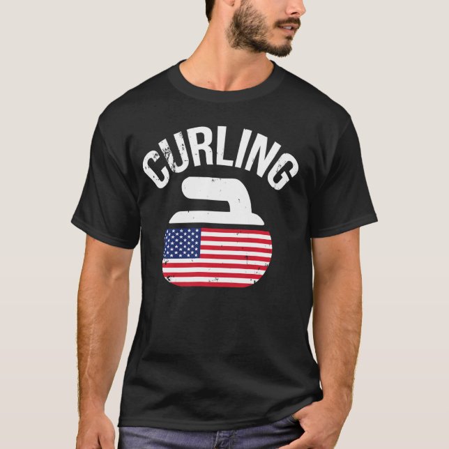 Usa Red White And Blue American Flag Curling Stone T-Shirt (Front)