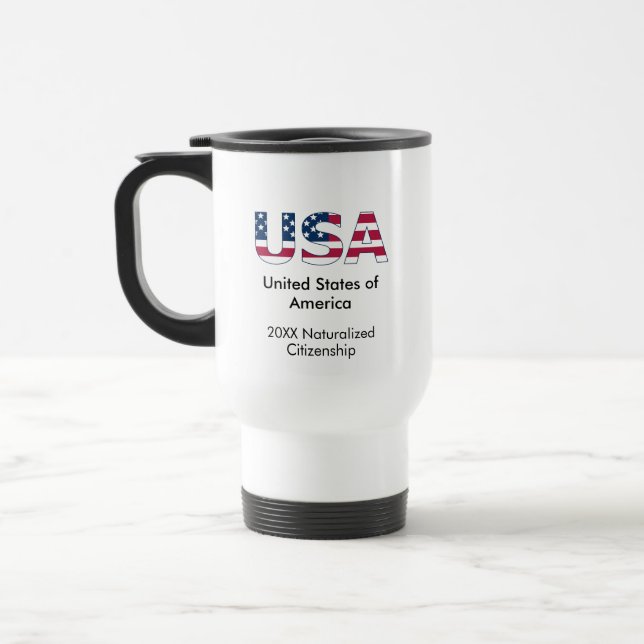 USA Red White and Blue Flag Art, American Citizen Travel Mug (Left)