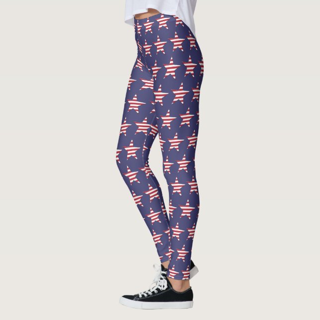 USA Red White and Blue Star Pattern Patriotic Leggings (Left)